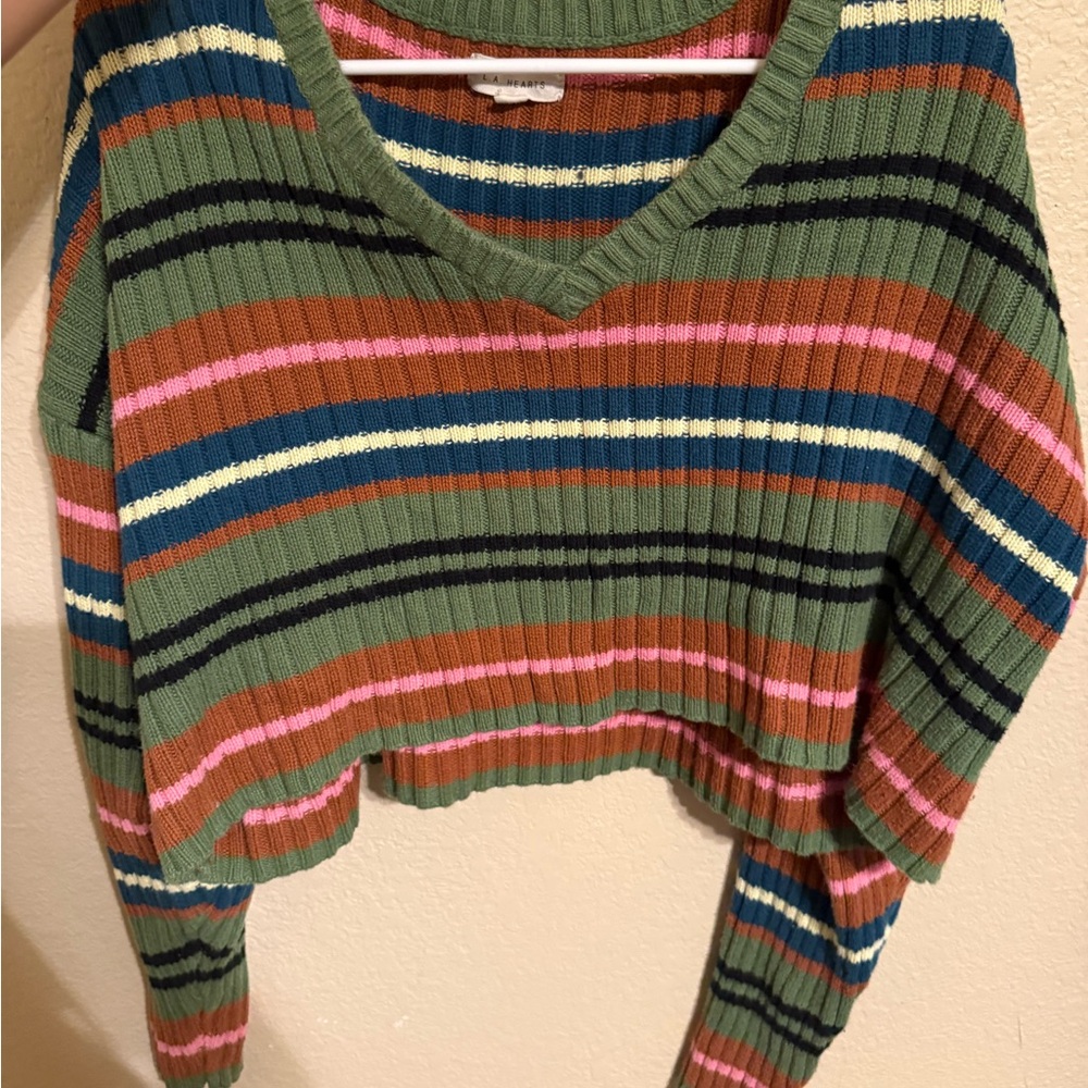 La Hearts Multicolor Striped V-Neck Sweater
